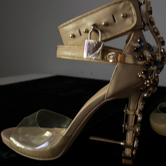 Dsquared2 Blue Crystal Stoned Heels with Metal Lock Embellish on Ankle Strap - Picture 12 of 16